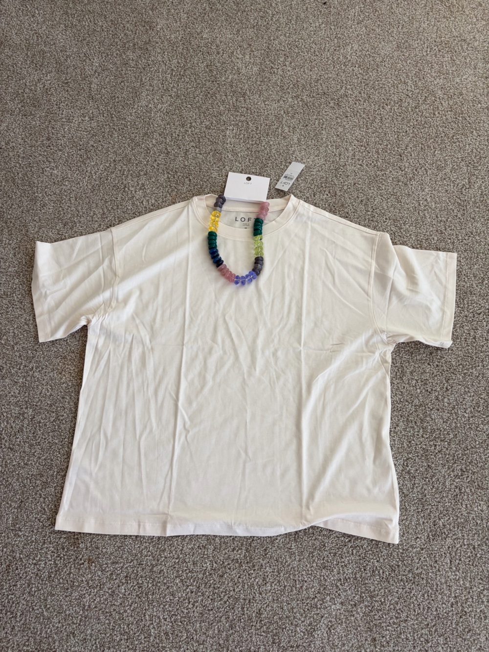 LOFT White Short Sleeve Crewneck Tee with Rainbow Bead Necklace